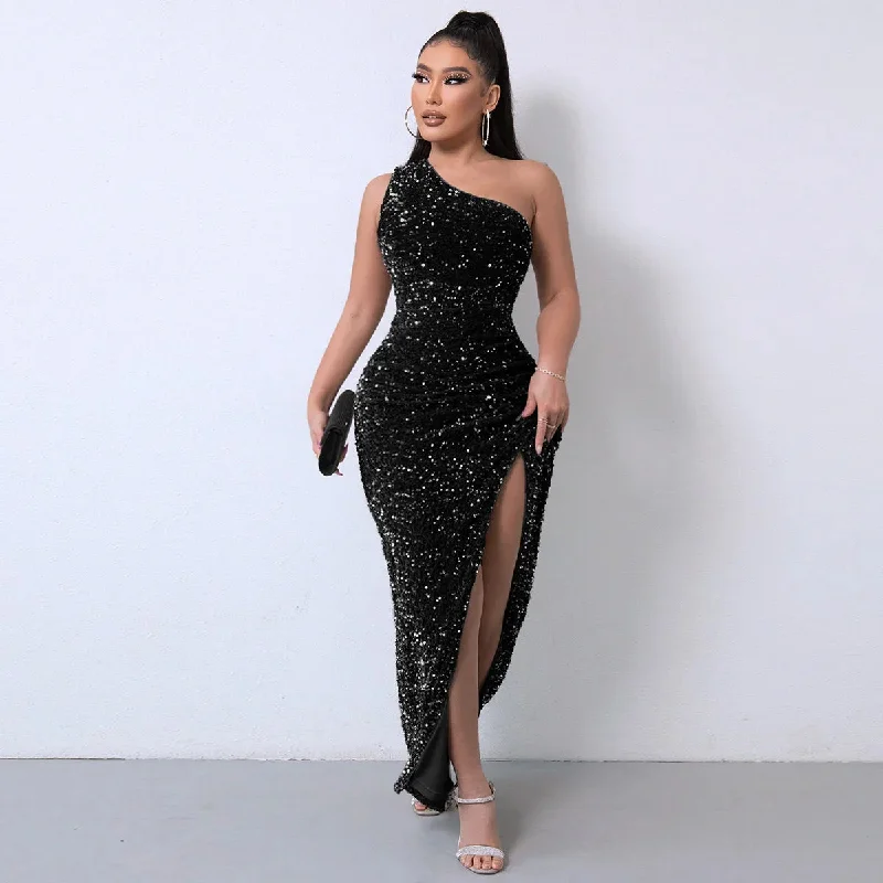 Glitter Sequin Dress Women Summer Club Party High Split Maxi Dress