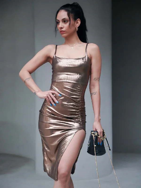 MegaBetty - Draped Split Thigh Ruched Metallic Cami Bodycon Dress