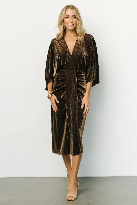 Kleo Ruched Midi Dress | Bronze Shimmer