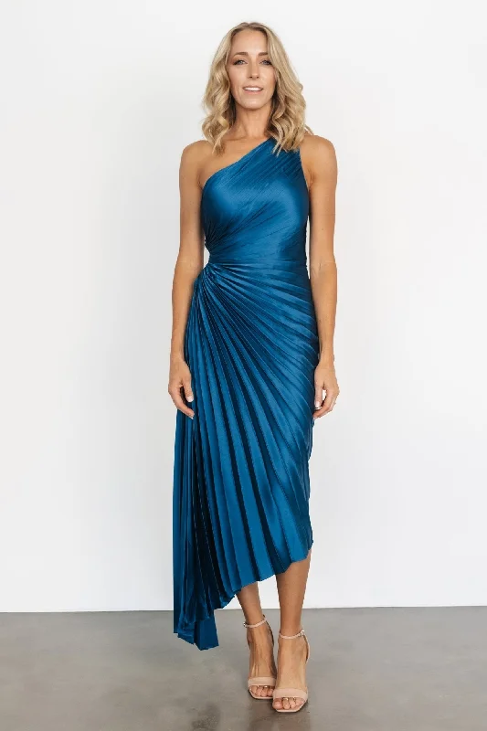 Presley One Shoulder Pleated Dress | Sapphire