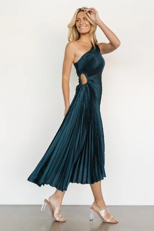 Tasia One Shoulder Pleated Dress | Deep Jade