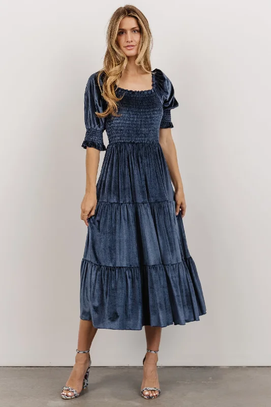 Vivaldi Smocked Velvet Midi Dress | Blue