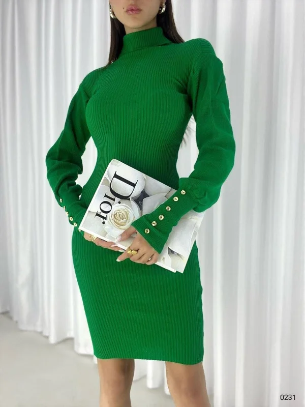 Ada Turtleneck Button Detailed Knitwear Dress 0231 GREEN REF : 3569-YŞL