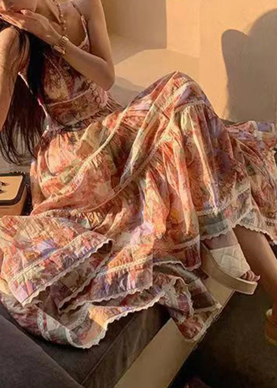 Art Photo Color V Neck Print Patchwork Spaghetti Strap Dress Summer UU1008