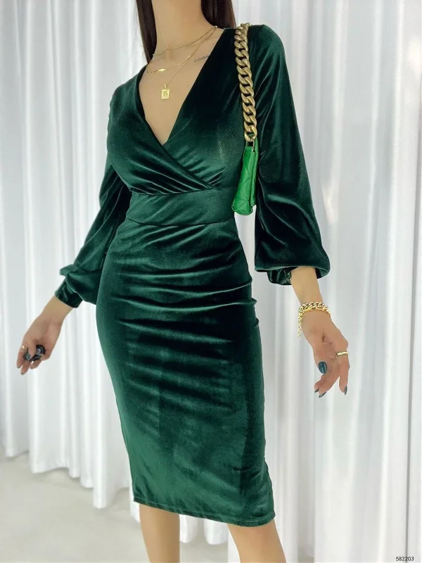 Banses Double Breasted Collar Velvet Pencil Dress 582303 GREEN REF : 3502-YŞL