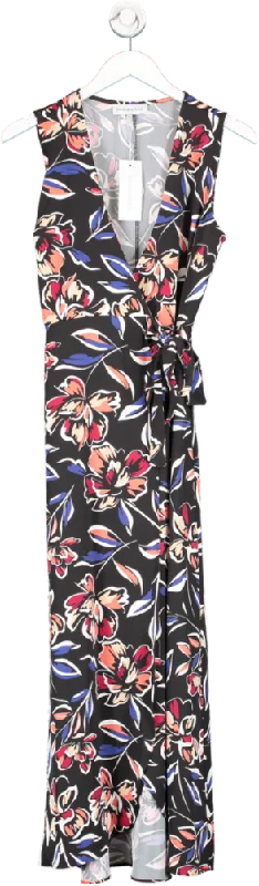 Bella and Blue Black Sleeveless Wrap Midi Dress With Tie In Floral UK 8