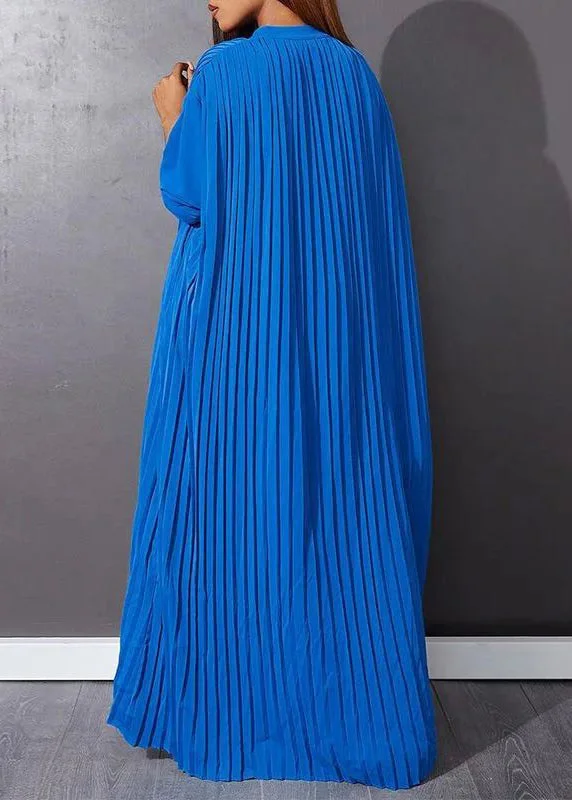 Blue O-Neck Button Vacation Maxi Dresses Long Sleeve VB1037