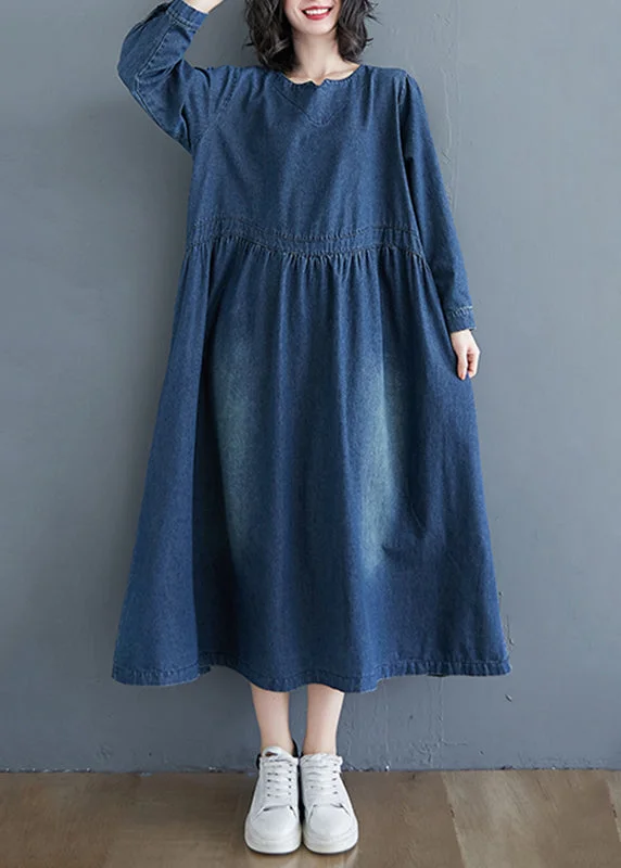 Casual Denim Blue Patchwork Long Dress Long Sleeve GH1072