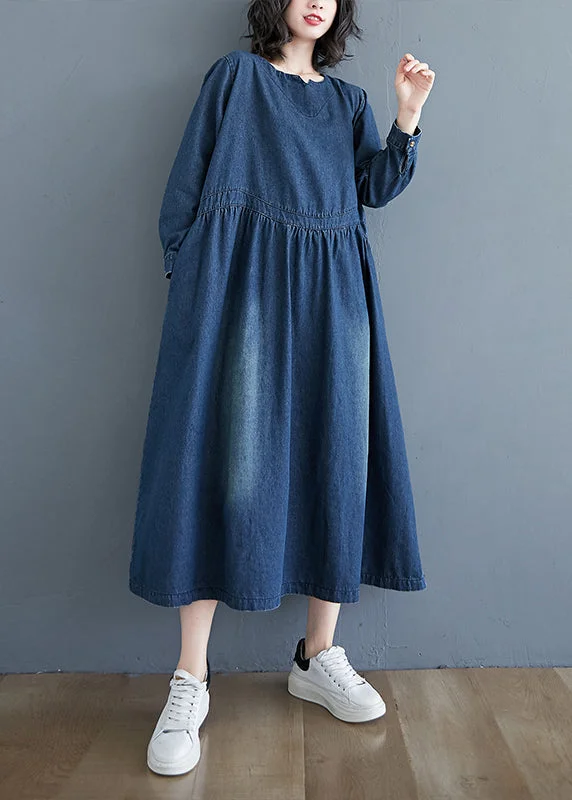 Casual Denim Blue Patchwork Long Dress Long Sleeve GH1072