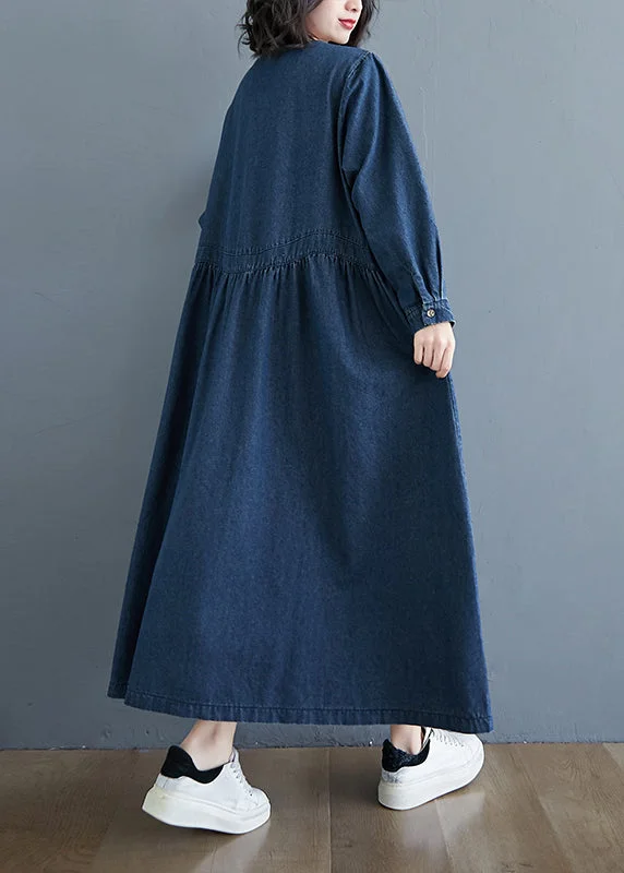 Casual Denim Blue Patchwork Long Dress Long Sleeve GH1072