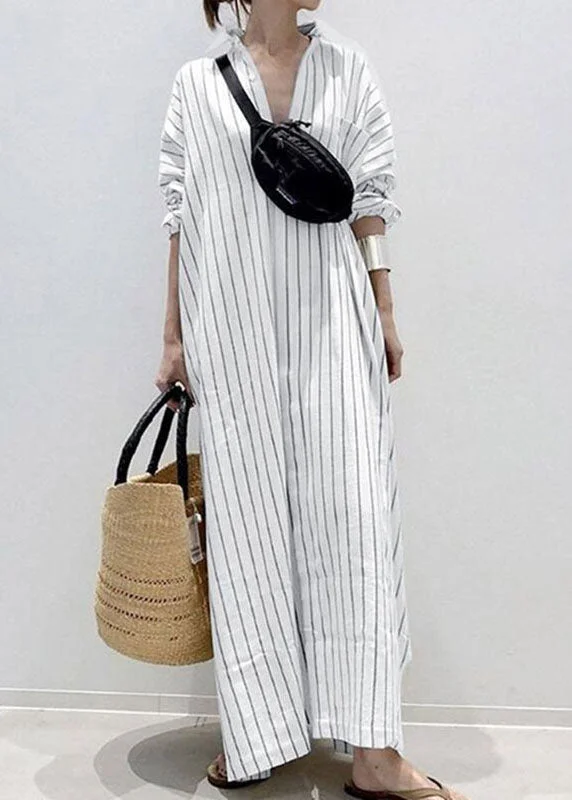 Casual White Peter Pan Collar Striped Maxi Shirts Dresses Long Sleeve VB1056