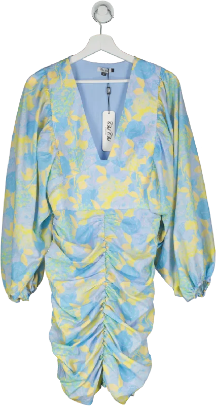 Chi Chi London Blue Ruched Long Sleeve Floral Print Mini Dress UK 12