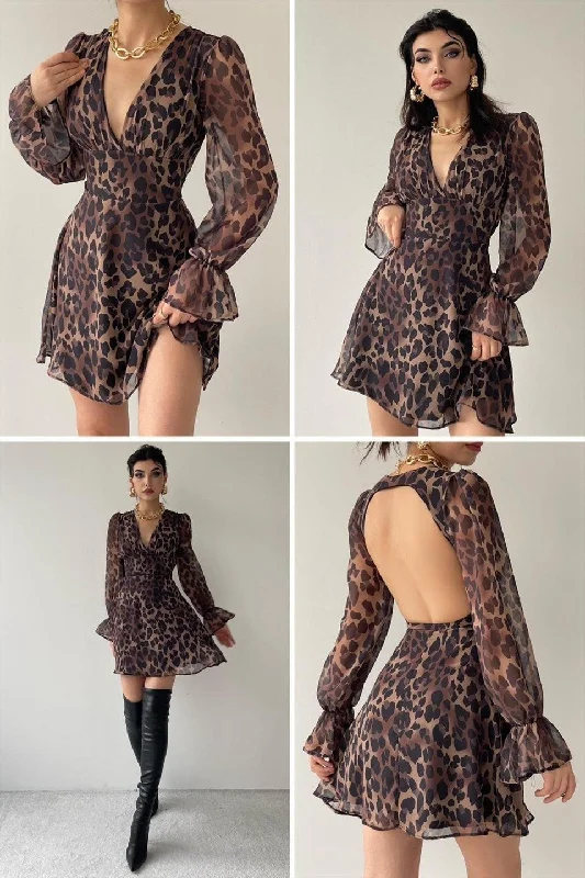 Chiffon Fabric Low Back Leopard Pattern Flared Dress REFF : 7708