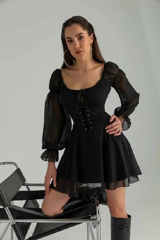 Chiffon Mini Dress With Corsage - BLACK REF : BCW517ELB0002100