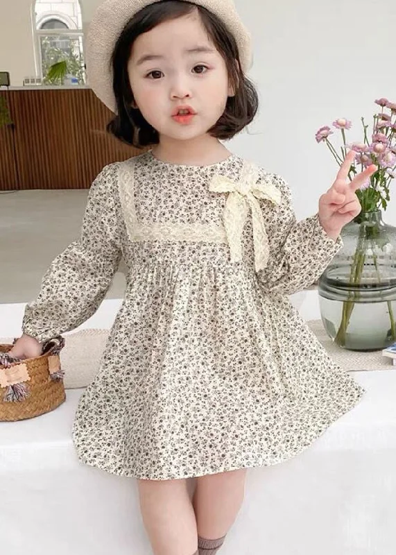 Cute O-Neck Print Lace Patchwork Bow Girls Mid Dress Long Sleeve SS1066