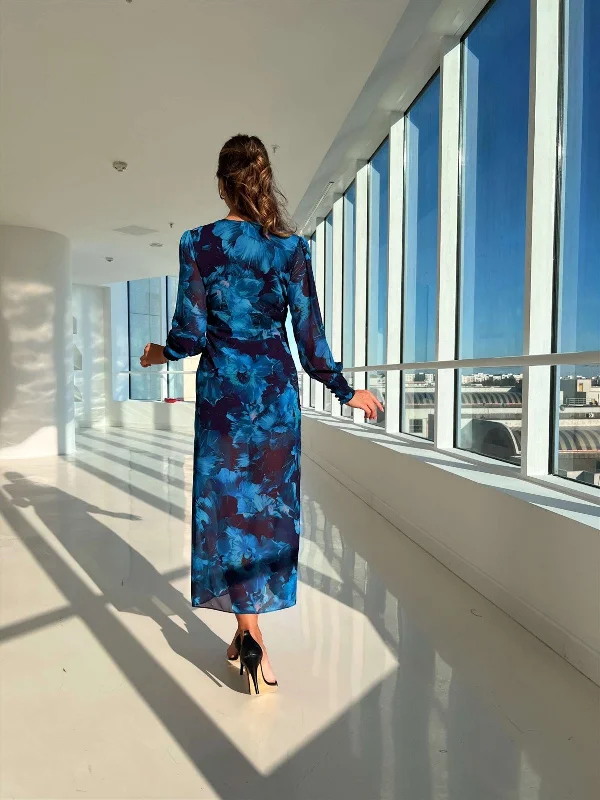 Deep V-neck Patterned Long Sleeve Slit Detail Midi Women's Dress - BLUE  REF : b954_S