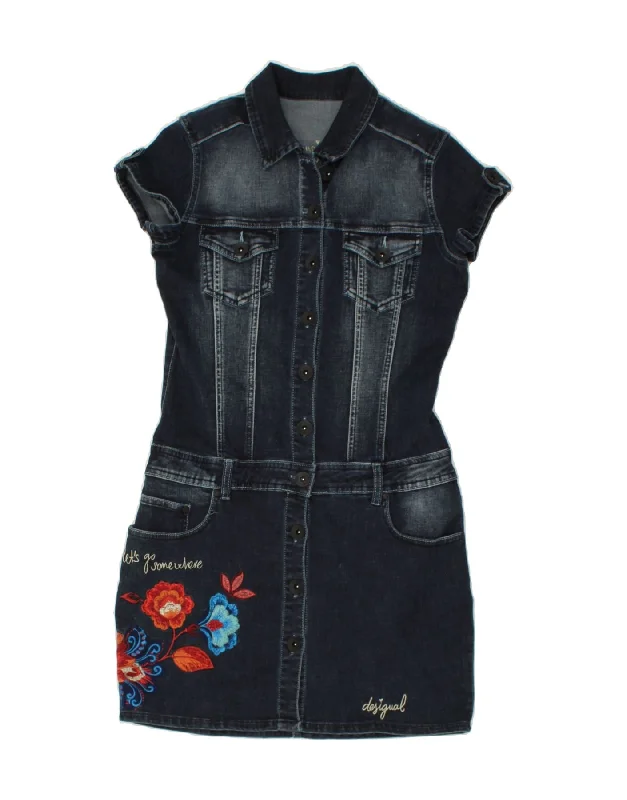 DESIGUAL Womens Denim Shirt Dress EU 38 Medium Blue Floral Cotton