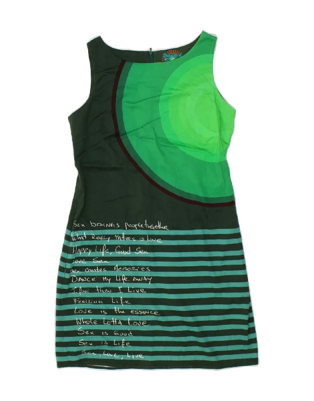 DESIGUAL Womens Sleeveless Sheath Dress EU 40 Medium Green Striped Cotton