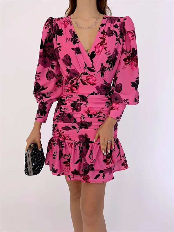 Double Breasted Collar Floral Patterned Cuff Sleeve Prym Women's Pink Dress  REF : 23K000409