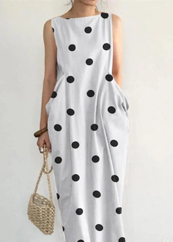 Elegant Black Dot Print Pockets Long Dresses Sleeveless VB1053