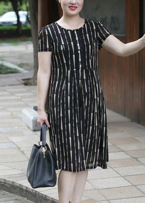 Elegant Yellow O-Neck Striped Long Dress Short Sleeve VB1001