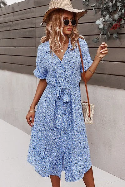 Elliana Floral Midi Dress in Blue Floral