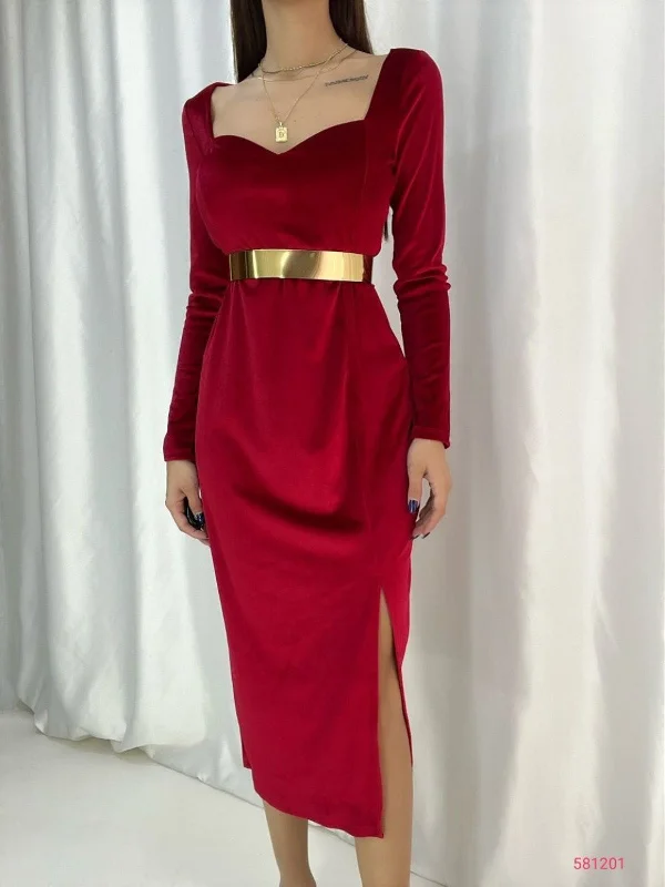 Fery Gold Belt Detail Slit Velvet Dress 581201 BORDOS REF : 3572-BRD