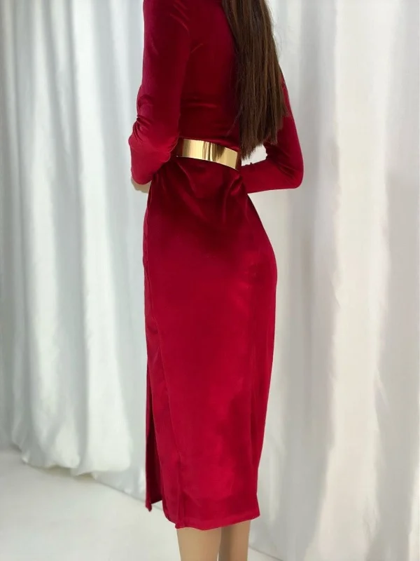 Fery Gold Belt Detail Slit Velvet Dress 581201 BORDOS REF : 3572-BRD