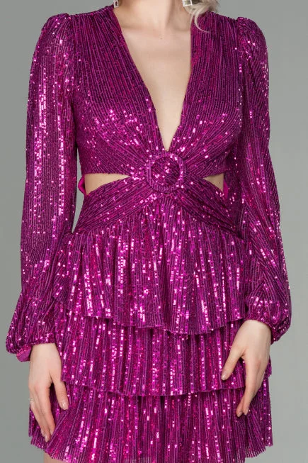 Fuchsia Long Sleeve Low-Cut Decollete Short Sequin Evening Dress REF :  ABK1644