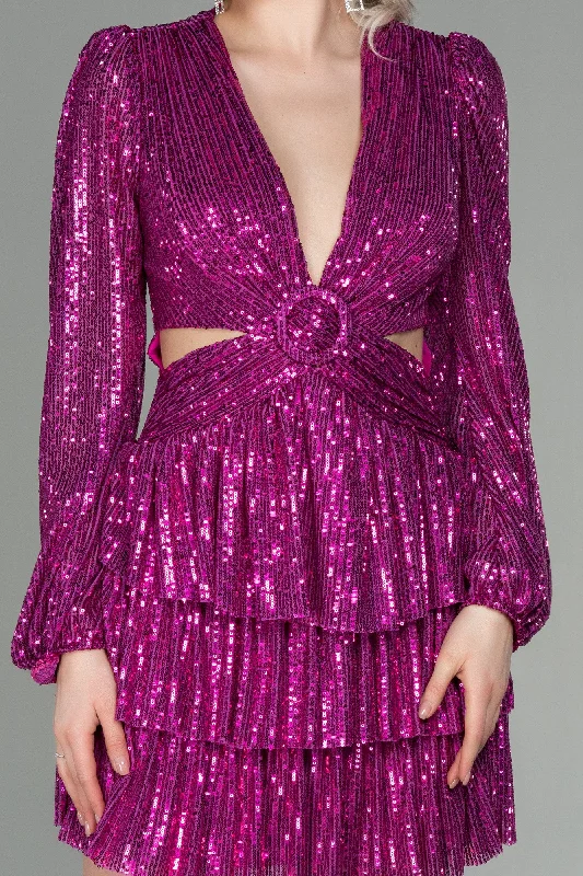 Fuchsia Long Sleeve Low-Cut Decollete Short Sequin Evening Dress REF :  ABK1644