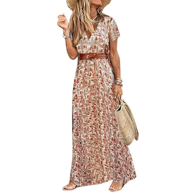 Boho Women V Neck Short Sleeve Paisley Print Beach Long with belt Dress