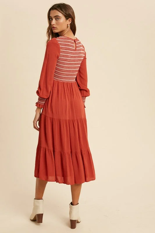 Jamie Smocked Midi Dress in Brick