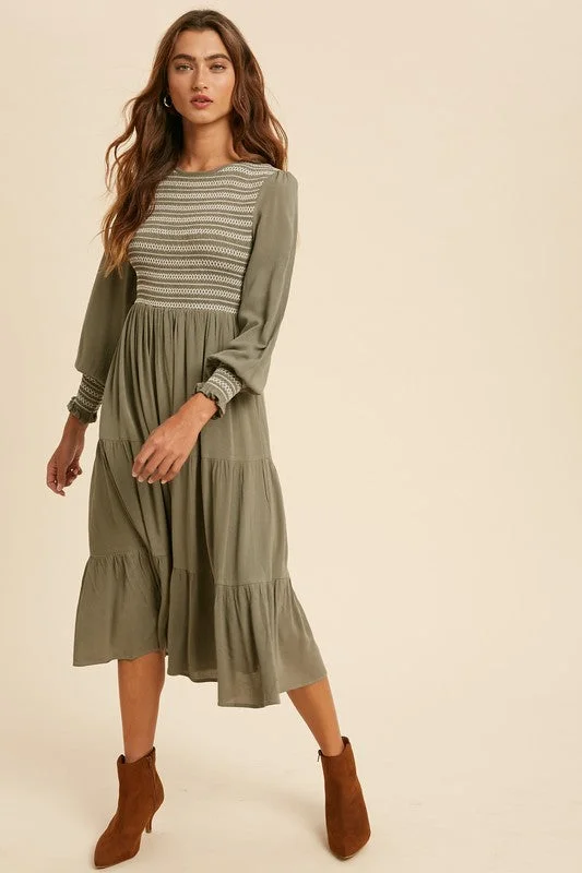 Jamie Smocked Midi Dress in Moss