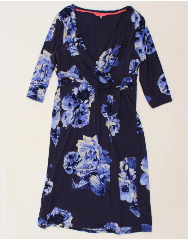 JOULES Womens 3/4 Sleeve Basic Dress UK 14 Large Navy Blue Floral