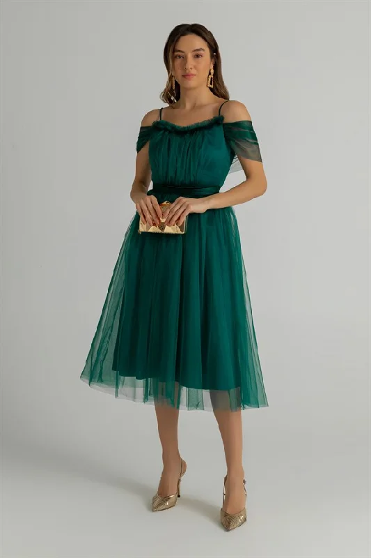 Low Sleeve Tulle Midi Length Evening Dress -REF: BBS008ABY0010100