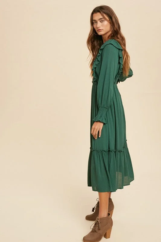 Mariah Embroidered Midi Dress in Emerald