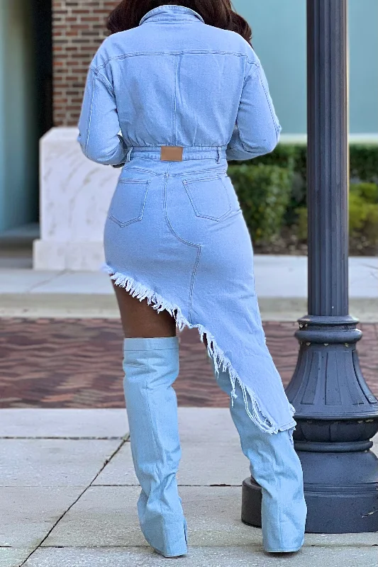 Mecca Distressed Asymmetric Hem Bodycon Denim Dress