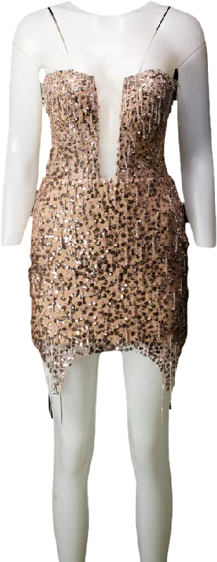 Milla Metallic Radiant Embellished Mini Dress In Gold With A Plunging Neckline UK XS