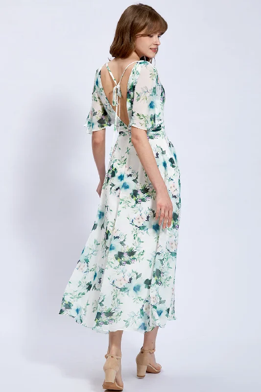 Cape Sleeves V Neck Floral Chiffon Mother of the Bride Dress