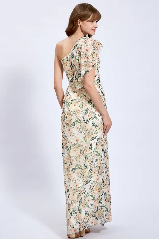 One Shoulder Floral Chiffon Formal Gown with Slit