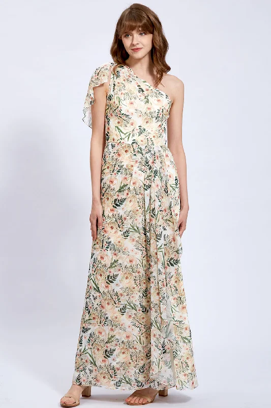 One Shoulder Floral Chiffon Formal Gown with Slit