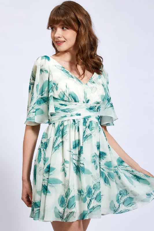 V Neck Ruched Floral Chiffon Mini Dress with Sleeves