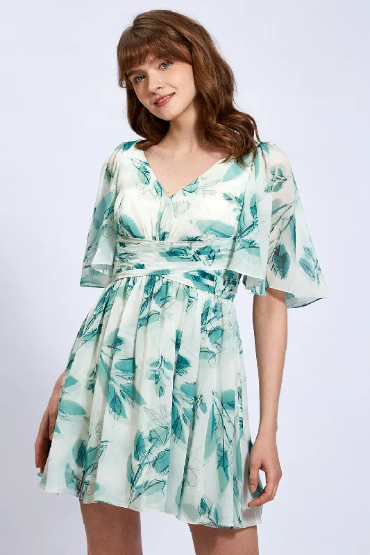 V Neck Ruched Floral Chiffon Mini Dress with Sleeves