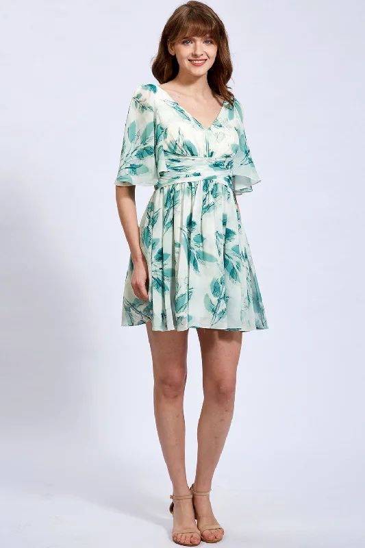 V Neck Ruched Floral Chiffon Mini Dress with Sleeves