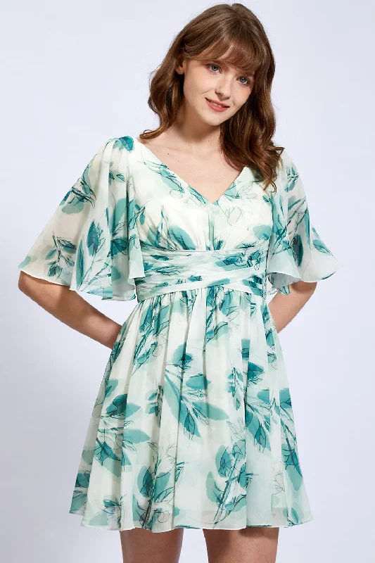 V Neck Ruched Floral Chiffon Mini Dress with Sleeves