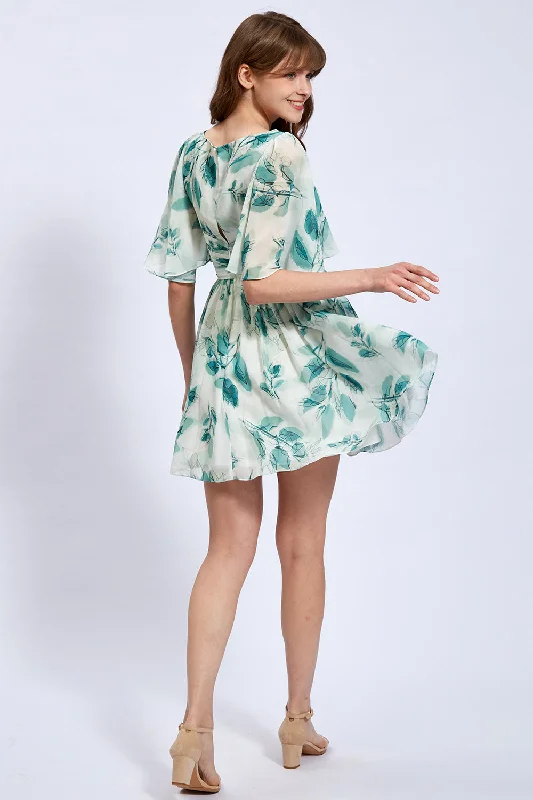 V Neck Ruched Floral Chiffon Mini Dress with Sleeves