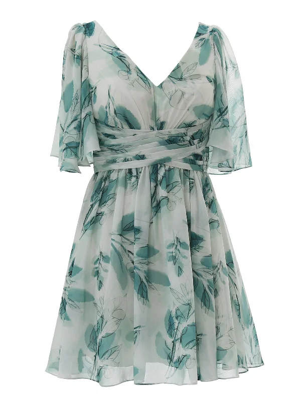 V Neck Ruched Floral Chiffon Mini Dress with Sleeves