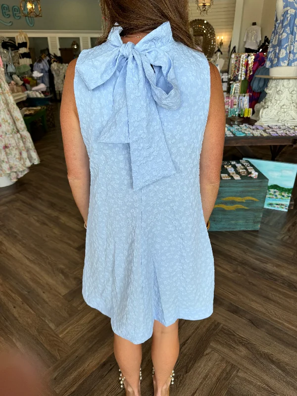 Mock Neck Blue Bow Dress