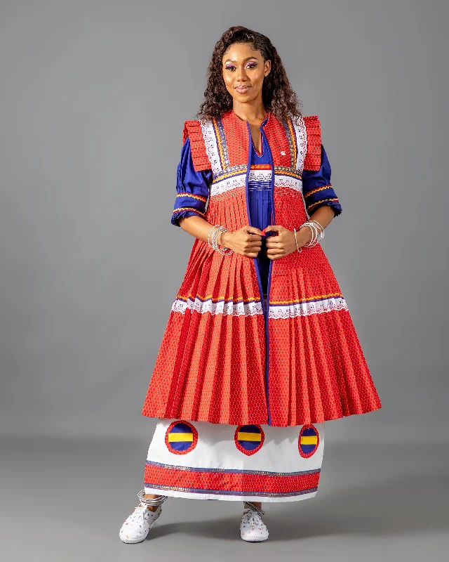 Mogoshadi Pleated Bridal Dress Set in Blue & Red