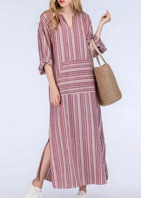 Natural Grey O-Neck Striped Patchwork Long Dresses Spring VB1089